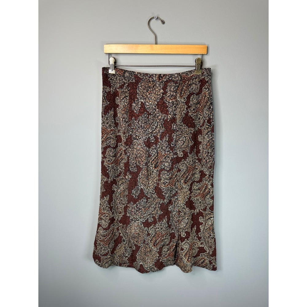 Notations Paisley Midi Skirt Womens L Burgundy Gold Stretch